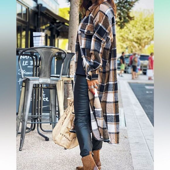 Women's Lounge Lapel Button Down Plaid Jacket Long Shirt Shacket Flannel - Picture 6 of 7